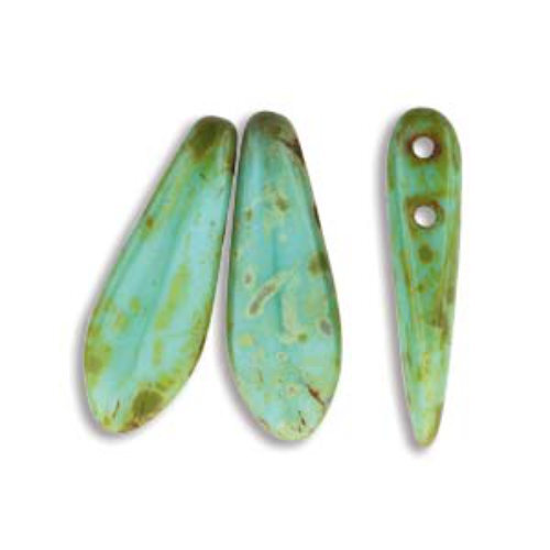 5mm x 16mm 2-Hole Dagger - Opaque Turquoise Picasso - DGR2-516-63130-86800 -  50 Bead Strand
