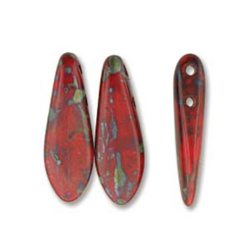5mm x 16mm 2-Hole Dagger - Opaque Red Picasso - DGR2-516-93200-86800 -  50 Bead Strand