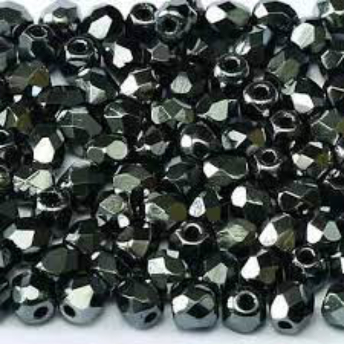 2mm Fire Polish Bead - Jet Vacuum Hematite Full - 23980-27200 - 50 Piece Bag