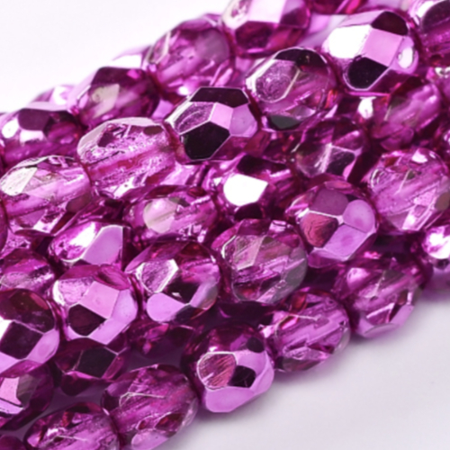 4mm Fire Polish Bead - Crystal Hot Pink Metallic Ice - 00030-67734 - 50 Piece Bag