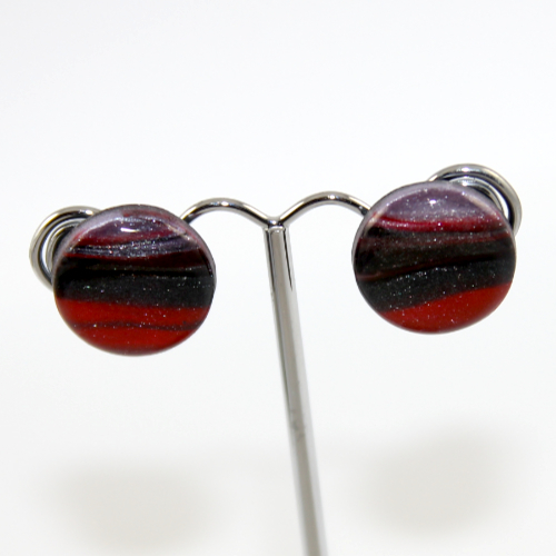 Red Black and Silver Stripe Polymer Clay Stud Earrings