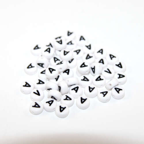 White & Black 'A' 7mm Alphabet Acrylic Flat Round Bead