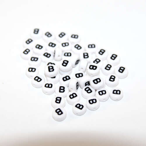 White & Black 'B' 7mm Alphabet Acrylic Flat Round Bead