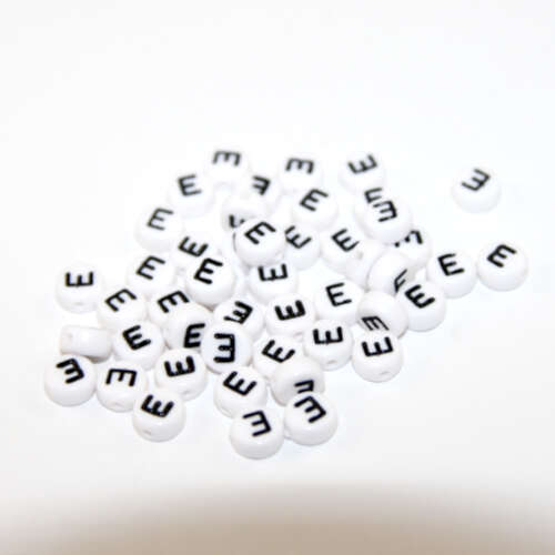 White & Black 'E' 7mm Alphabet Acrylic Flat Round Bead