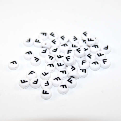 White & Black 'F' 7mm Alphabet Acrylic Flat Round Bead