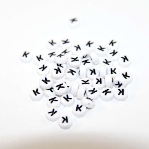 White & Black 'K' 7mm Alphabet Acrylic Flat Round Bead