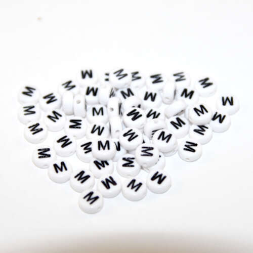White & Black 'M' 7mm Alphabet Acrylic Flat Round Bead