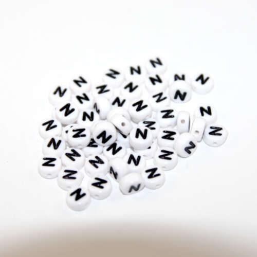 White & Black 'N' 7mm Alphabet Acrylic Flat Round Bead
