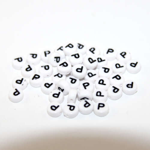 White & Black 'P' 7mm Alphabet Acrylic Flat Round Bead