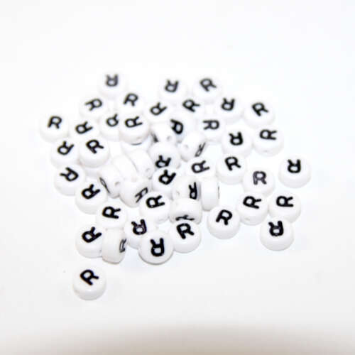 White & Black 'R' 7mm Alphabet Acrylic Flat Round Bead