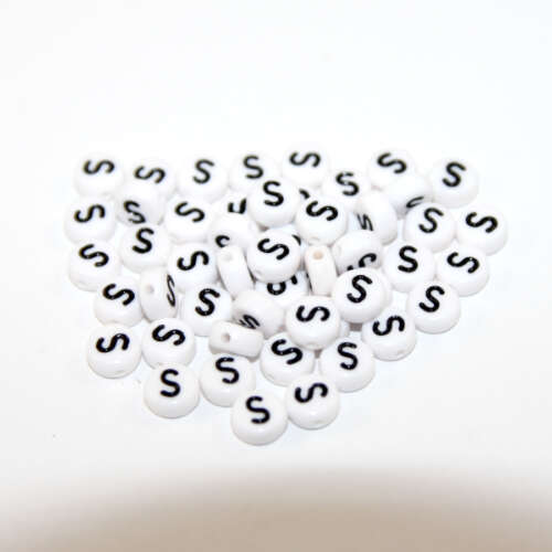 White & Black 'S' 7mm Alphabet Acrylic Flat Round Bead
