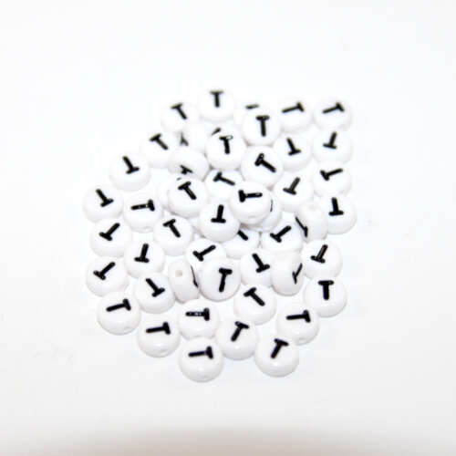 White & Black 'T' 7mm Alphabet Acrylic Flat Round Bead