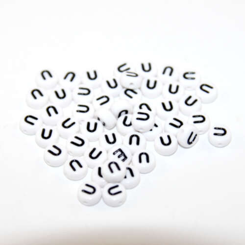 White & Black 'U' 7mm Alphabet Acrylic Flat Round Bead