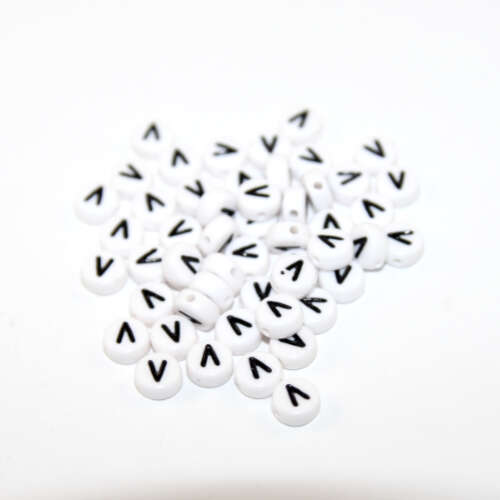 White & Black 'V' 7mm Alphabet Acrylic Flat Round Bead