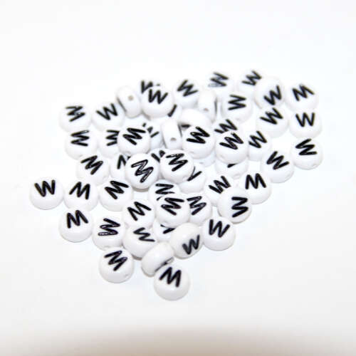White & Black 'W' 7mm Alphabet Acrylic Flat Round Bead