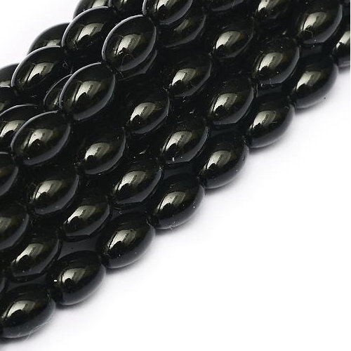 6mm x 4mm Czech Glass Rice Pearl - 100 Bead Strand - Black - Shiny - 70409